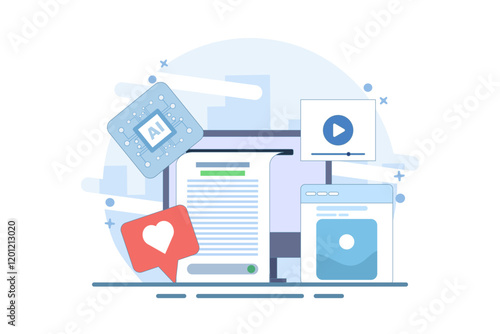 AI content generator concept, Artificial intelligence generating text, video and image content, AI content for business, flat vector design illustration template on background.