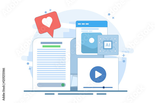 AI content generator concept, Artificial intelligence generating text, video and image content, AI content for business, flat vector design illustration template on background.