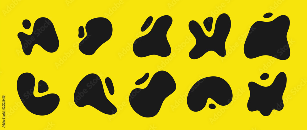 Abstract freeform collection. Set of black amoeba. Modern figure for design and print. Vector illustrations isolated on yellow background. Abstract freeform collection. Set of black amoeba. Modern figure for design and print. Vector illustrations isolated on yellow background.