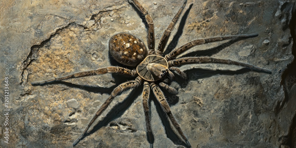 A detailed wolf spider in shades of brown and gray, positioned centrally on a textured stone surface with subtle highlights and shadows. A detailed wolf spider in shades of brown and gray, positioned centrally on a textured stone surface with subtle highlights and shadows.