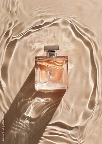 Elegant top view of elegant square perfume bottle. Centered on a beige background with light ripples around. Product shot for advertisement