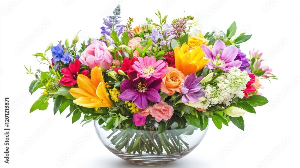 Fototapeta premium Vibrant multicolored flower arrangement in a clear glass bowl on white background.