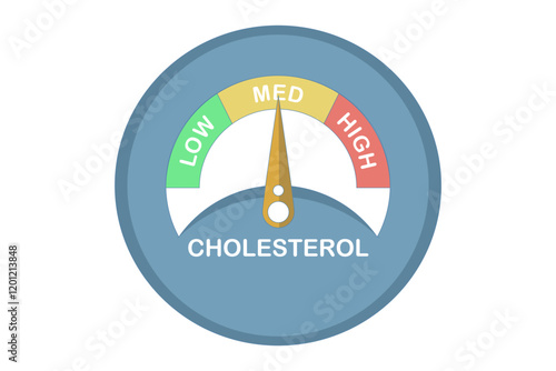 Cholesterol Meter Icon Concept, High level indicator design, Dashboard Speedometer, Cholesterol level meter with arrow indicator for health and heart analysis. Flat vector illustration on background.