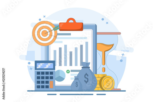 Finance Business Concept, evaluate cost and quality indicators, monitor data graph or monitor diagram results, Flat Illustration Design on background.