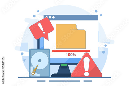 Full memory concept. File storage space is full. Can be used for landing page, template, web, homepage, poster, banner. Flat vector illustration on background.