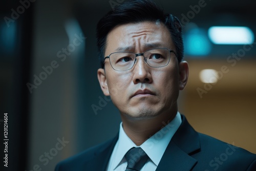 Sad Asian Man in Corporate Attire Reflecting in a Modern Office Environment with a Pensive Expression Amidst Soft Background Lights photo