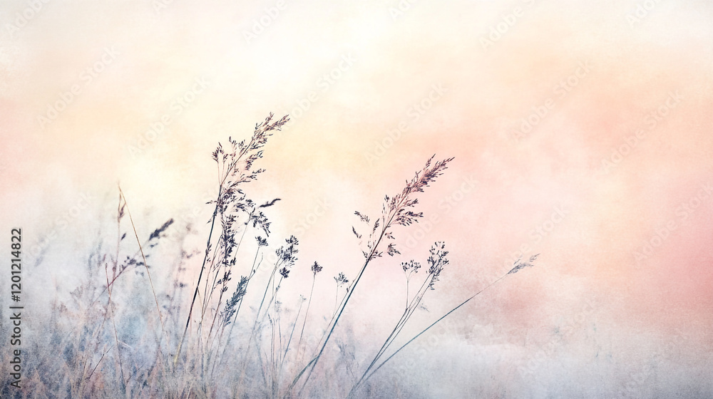 Fototapeta premium Soft hues of grass against a dreamy pastel sky at dawn