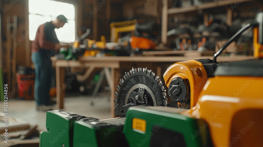 Fototapeta premium A craftsman focused on his woodworking project in a well-equipped workshop, showcasing tools and creativity in action.