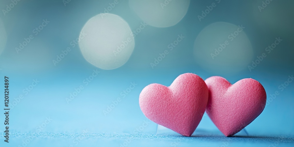 Obraz premium Two pink hearts positioned on the left against a soft blue background with bokeh effect creating a blank space ideal for greeting card design