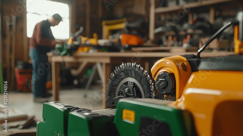 A craftsman focused on his woodworking project in a well-equipped workshop, showcasing tools and creativity in action.