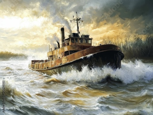 Tugboat sails choppy water against a stormy sky.