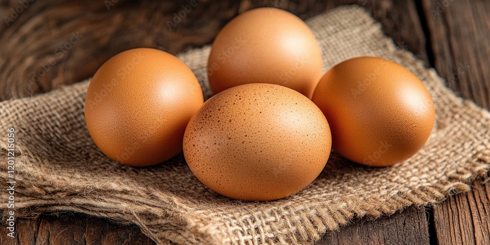 Four brown chicken eggs arranged on textured burlap against rustic wooden boards, showcasing warm earthy tones and natural lighting. Four brown chicken eggs arranged on textured burlap against rustic wooden boards, showcasing warm earthy tones and natural lighting.