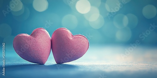 Two soft pink hearts positioned closely against a blurred blue background with a bokeh effect ideal for a greeting card design. photo