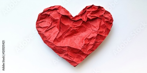 Crumpled red paper heart shape centered on a white background featuring a blank copy space symbolizing love and friendship themes. photo