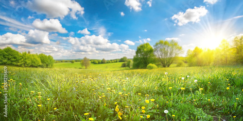 Canvas Print Beautiful spring summer natural landscape with a meadow of grass, trees and blue sky with clouds on a bright sunny day
