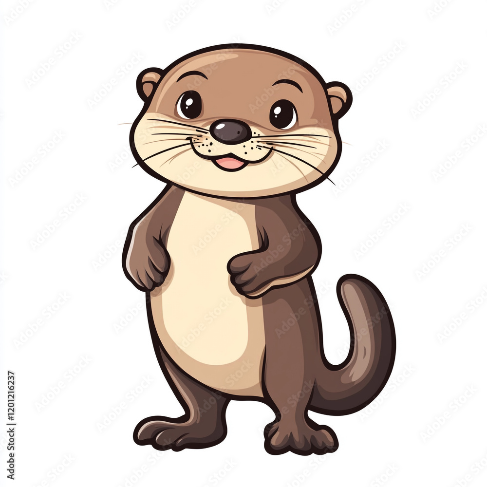 Fototapeta premium A cute, cartoon-style otter standing upright with a friendly expression. The otter has a brown body with a lighter beige belly and face. 