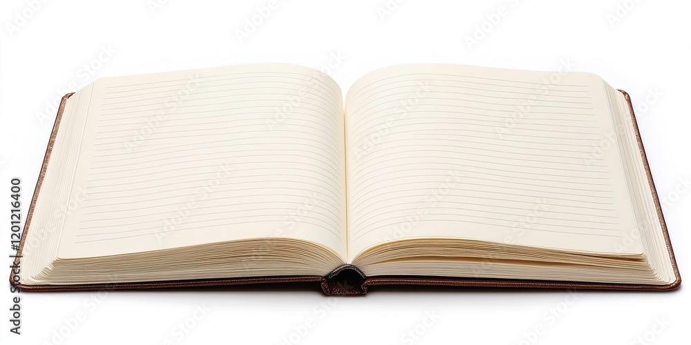 Open blank notebook with lined pages positioned in the center against a clean white background emphasizing simplicity and clarity Open blank notebook with lined pages positioned in the center against a clean white background emphasizing simplicity and clarity
