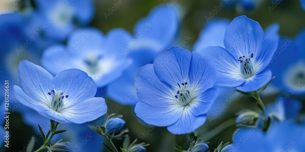 Vibrant blue Nemophila flowers with delicate petals and green stems, scattered throughout a blurred green background, creating a serene garden scene Vibrant blue Nemophila flowers with delicate petals and green stems, scattered throughout a blurred green background, creating a serene garden scene