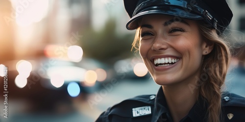 Smiling police officer in uniform exuding confidence and approachability, urban background with blurred police lights photo