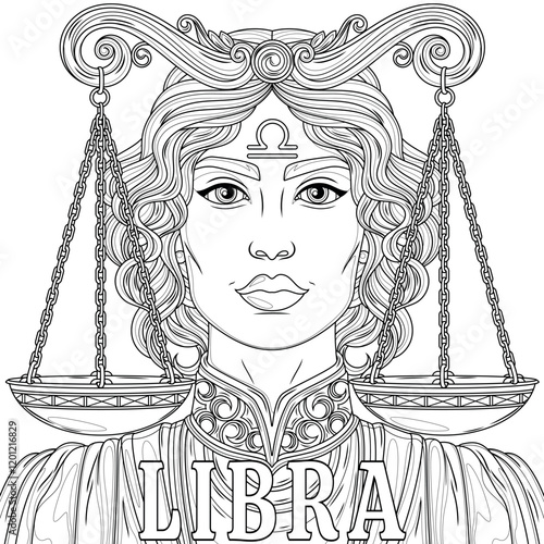 Libra Woman.Astrological Zodiac Sign.Coloring book antistress for children and adults. 