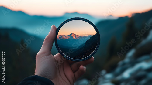 A mountain peak viewed through a camera filter held by hand, emphasizing focus and perspective in landscape photography. Generative AI