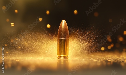 Golden bullet with explosive sparks, showcasing dynamic motion and vivid lighting effects, symbolizing power and precision in ammunition design photo