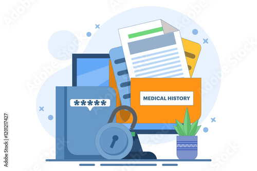 Patient medical records, information protection and privacy. Health care data and medical records. Health care protect patient medical records on clipboard. Flat vector illustration on background.