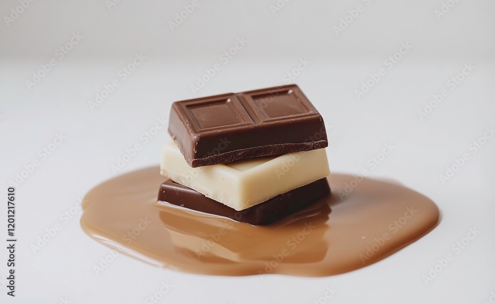 A melted chocolate bar with two squares of milk and dark chocolate stacked on top, isolated on a white background A melted chocolate bar with two squares of milk and dark chocolate stacked on top, isolated on a white background