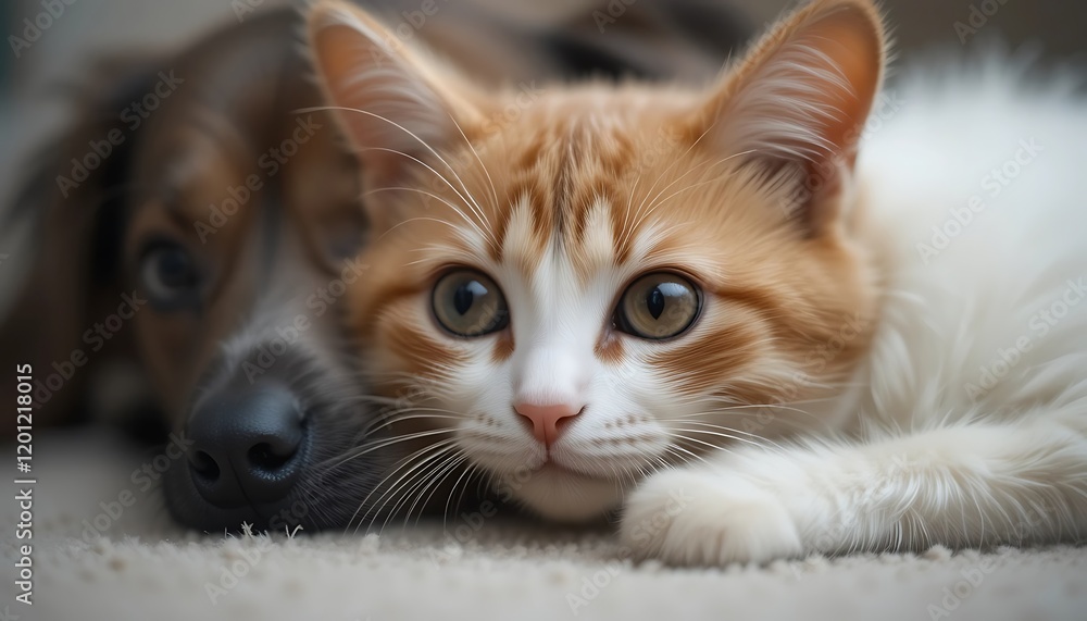 Adorable ginger and white kitten snuggling with a brown and white dog, close-up view showing their soft fur and gentle expressions Adorable ginger and white kitten snuggling with a brown and white dog, close-up view showing their soft fur and gentle expressions