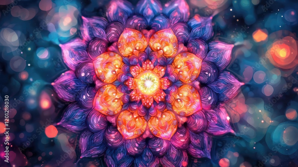 Naklejka premium Mandala watercolor idea. A vibrant abstract floral design with colorful petals and glowing elements.