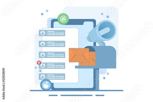 Mailbox Concept with new message notification icon, email marketing, Online business strategy, Advertising, Email newsletter, sending messages, marketing materials. Flat vector illustration.