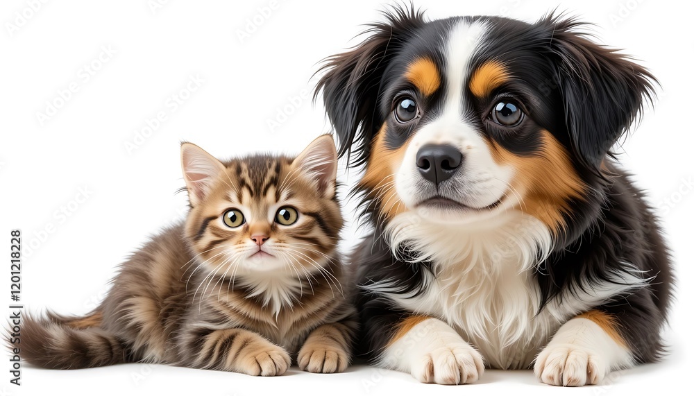 Fototapeta premium Adorable Fluffy Kitten and Tri-Color Puppy Best Friends Posing Together Isolated on White Background