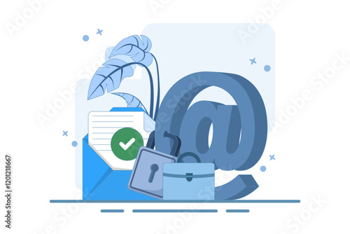 Strong padlock security concept on email symbol. Email security protection, security system to protect against cyber attacks, spam or data leaks, data encryption technology. Flat vector illustration.