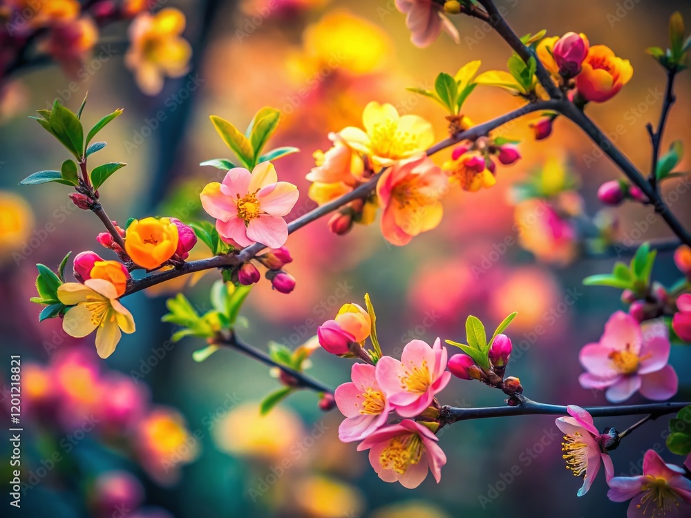 Low Light Photography: Pink & Yellow Blooming Branches, Spring Nature, Botanical Detail Low Light Photography: Pink & Yellow Blooming Branches, Spring Nature, Botanical Detail