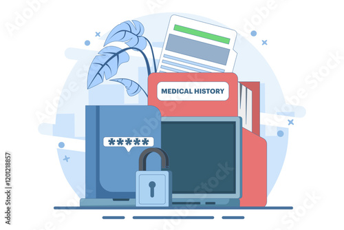 Patient medical records, information protection and privacy. Health care data and medical records. Health care protect patient medical records on clipboard. Flat vector illustration on background.