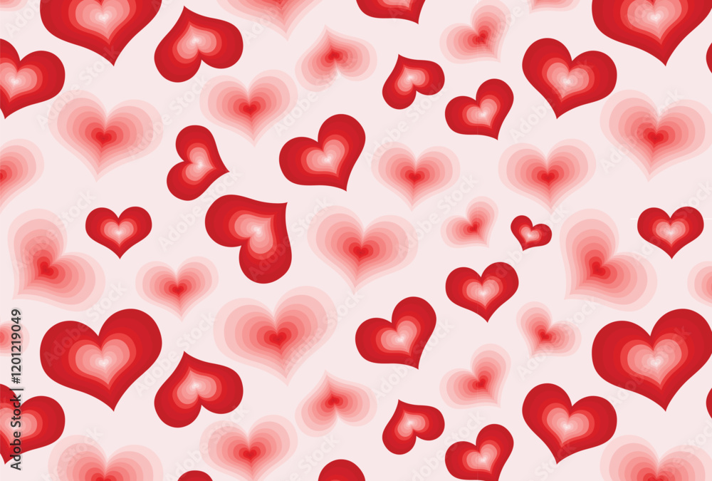 Seamless pattern featuring vibrant red gradient hearts on soft pastel pink background. Perfect for Valentine Day, love-themed designs, wedding invitations, greeting cards, wrapping paper, decorations. Seamless pattern featuring vibrant red gradient hearts on soft pastel pink background. Perfect for Valentine Day, love-themed designs, wedding invitations, greeting cards, wrapping paper, decorations.