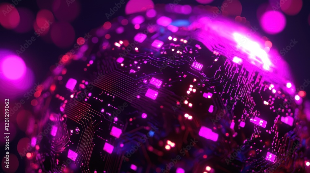 Fototapeta premium Glowing purple sphere with circuit board texture.