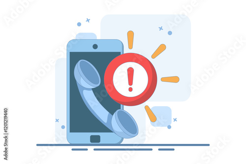 Phone concept with exclamation mark. warning notification. suspicious call, danger and fraud. danger of fraud by phone. symbol or icon. flat illustration with minimalist style design.
