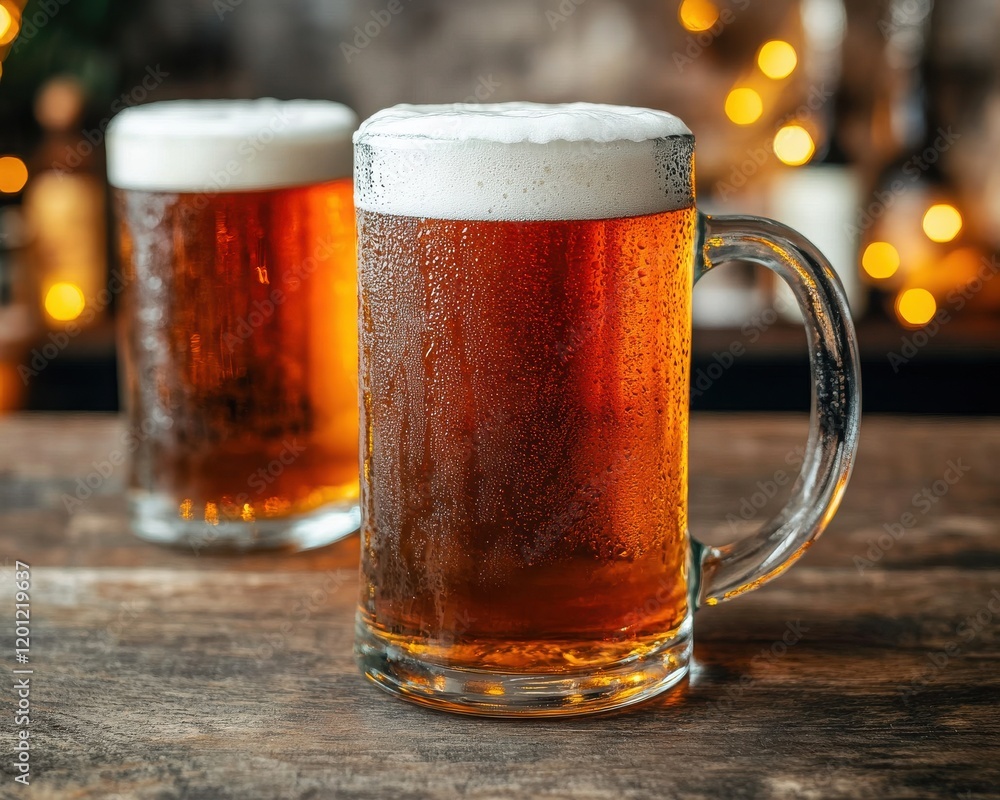 Two frosty glasses of beer with golden brown liquid and foamy tops, set against a blurred background with warm lights. Two frosty glasses of beer with golden brown liquid and foamy tops, set against a blurred background with warm lights.