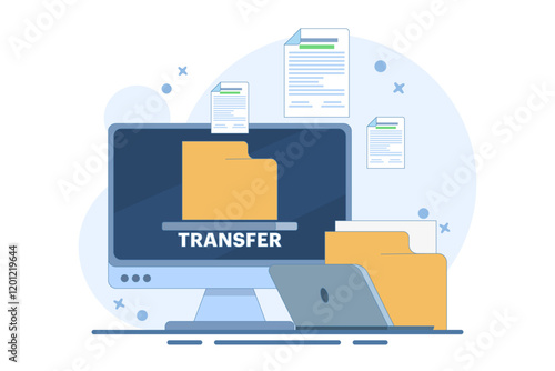 Data and document transfer concept. Copy files, data exchange, application synchronization, file sharing via the internet. Modern vector illustration in flat style.