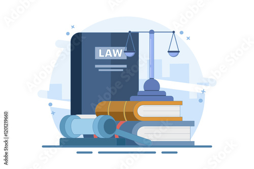 Law and Justice Concept. Scales of justice, supreme court building and judge's gavel. Supreme Court. Criminal trial advocate, lawyer consulting with client. Flat vector illustration on background.