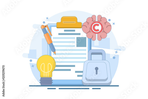 Intellectual property concept. Copyright. Small authors protect legal information ideas with trademarks. Screen templates for landing pages, templates, interfaces, web, mobile apps, posters, banners