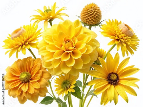 Low Light Yellow Flowers: Roses, Asters & Rudbeckia Laciniata Isolated on White photo