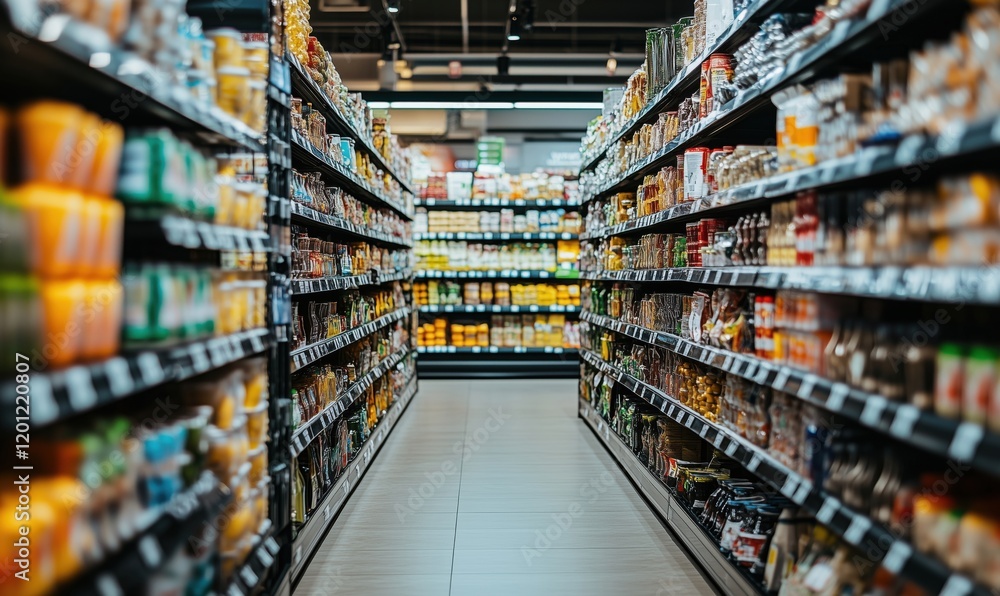 Grocery store aisle filled with various food products, canned goods, and condiments, showcasing organized shelves and vibrant packaging Grocery store aisle filled with various food products, canned goods, and condiments, showcasing organized shelves and vibrant packaging