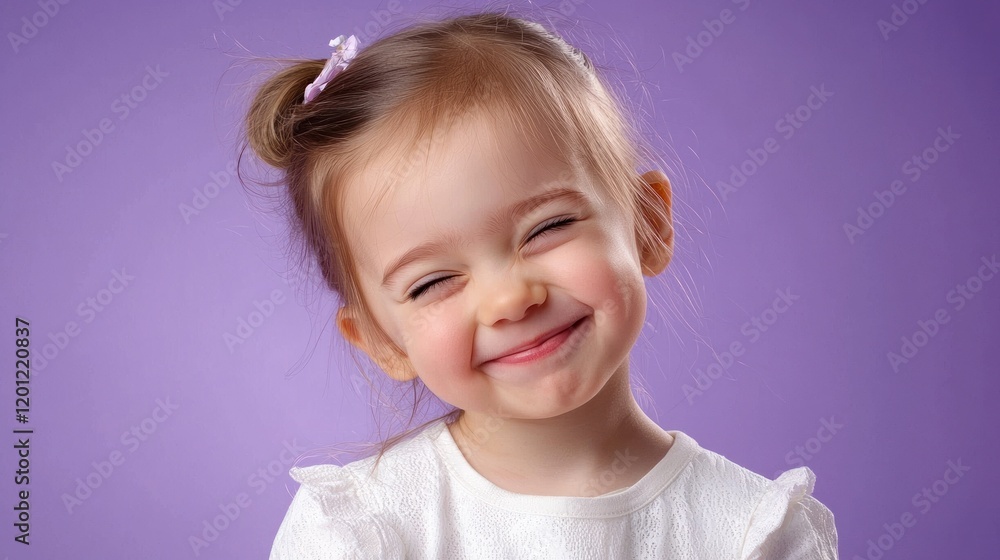 Cheerful child smiling with eyes closed on purple setting Cheerful child smiling with eyes closed on purple setting