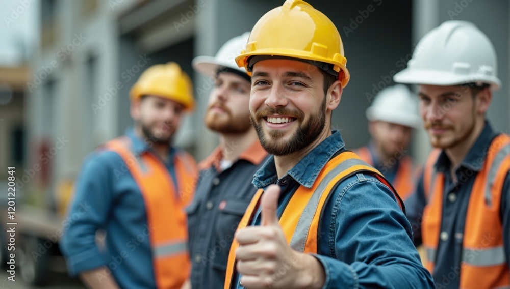 Team of engineers showing thumbs up at construction site Team of engineers showing thumbs up at construction site