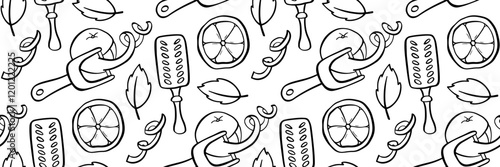 Seamless doodle pattern with hand-drawn bartender and culinary tools. lemon slices, leaves, graters, corkscrews, decorative spirals. Ideal for backgrounds and packaging. Vector outline illustration.