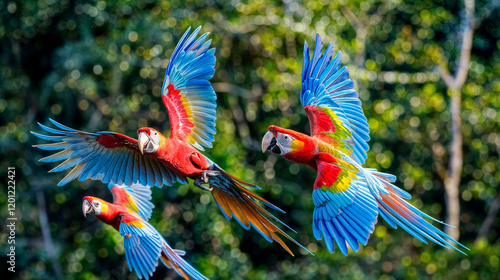 Wallpaper Mural Three vibrant red and blue macaws in mid-flight, surrounded by a blurred forest background. The birds' wings are fully extended, showcasing their striking colors and intricate patterns. Torontodigital.ca