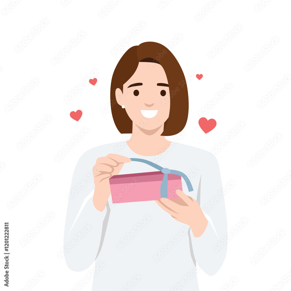 Woman Unwrapping Joy and Love. Flat vector illustration isolated on white background Woman Unwrapping Joy and Love. Flat vector illustration isolated on white background