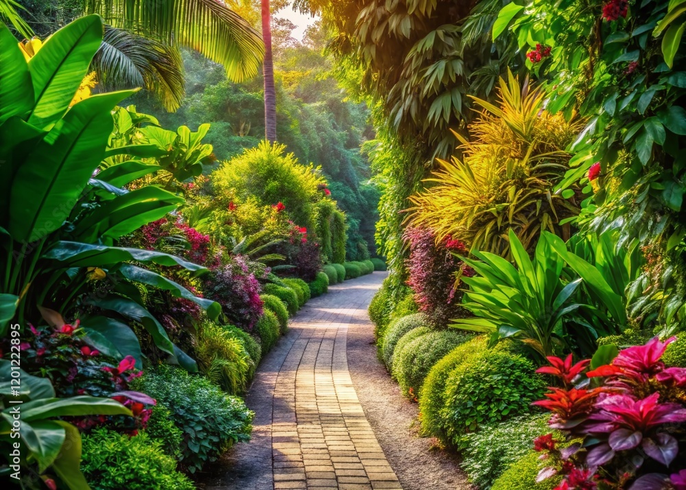 Lush Green Garden Path Walkway, Serene Nature Trail, Peaceful Plants Trees Lush Green Garden Path Walkway, Serene Nature Trail, Peaceful Plants Trees